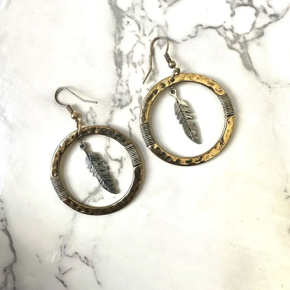 Silver/Gold tone feather circle earrings